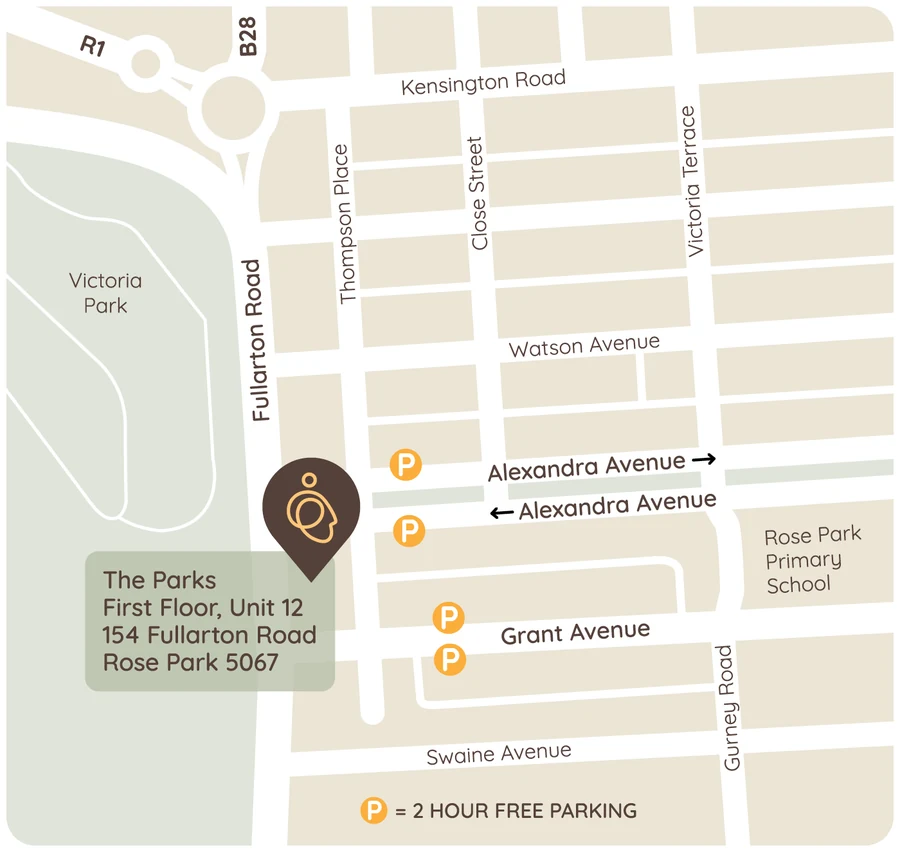 Map of OneBodyMind, First Floor, Unit 12, 154 Fullarton Road, Rose Park, showing two-hour free parking on Alexandra Avenue and Grant Avenue